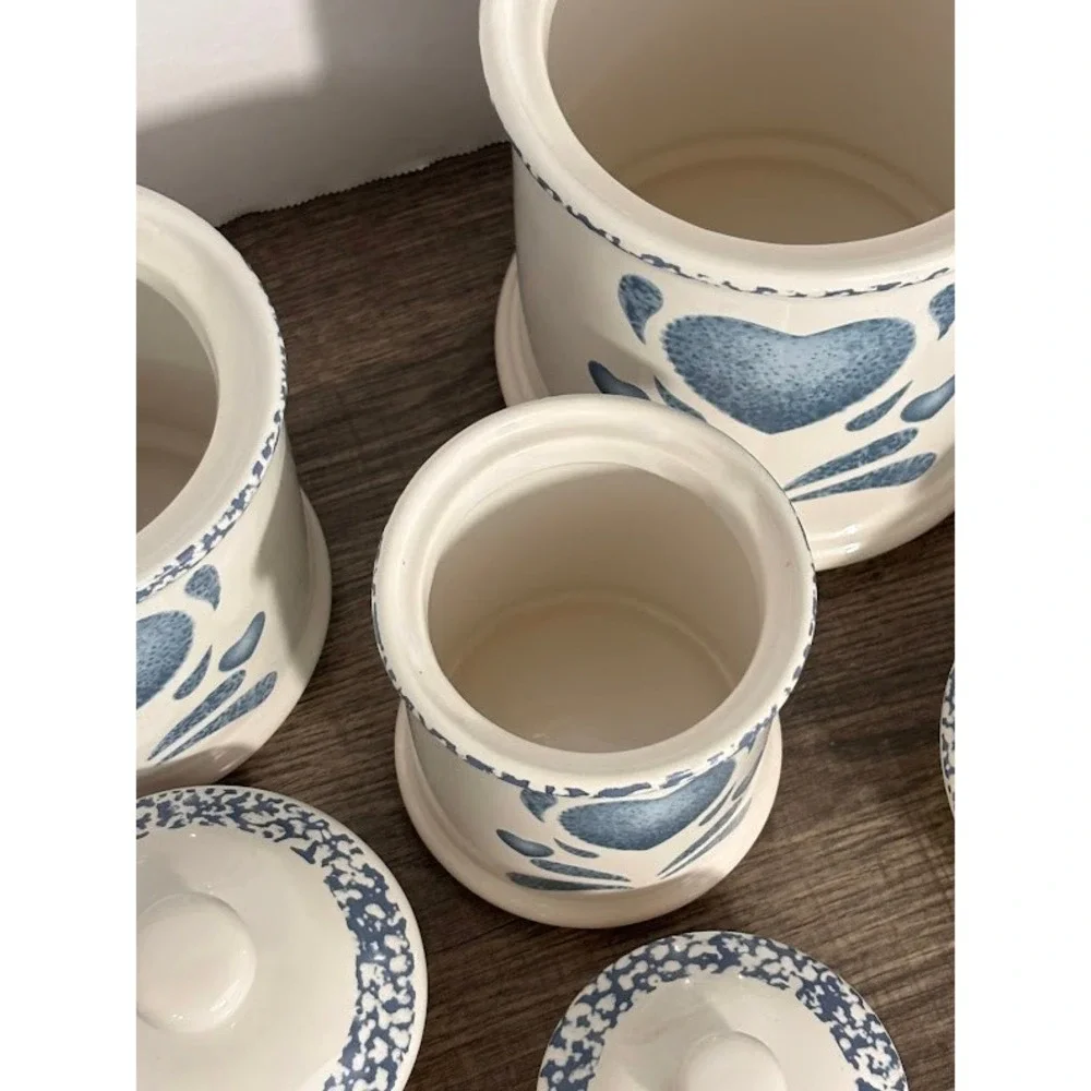 Jay Import Co Vintage Blue Heart Sponge Paint Ceramic Canister Set 3pc Farmhouse